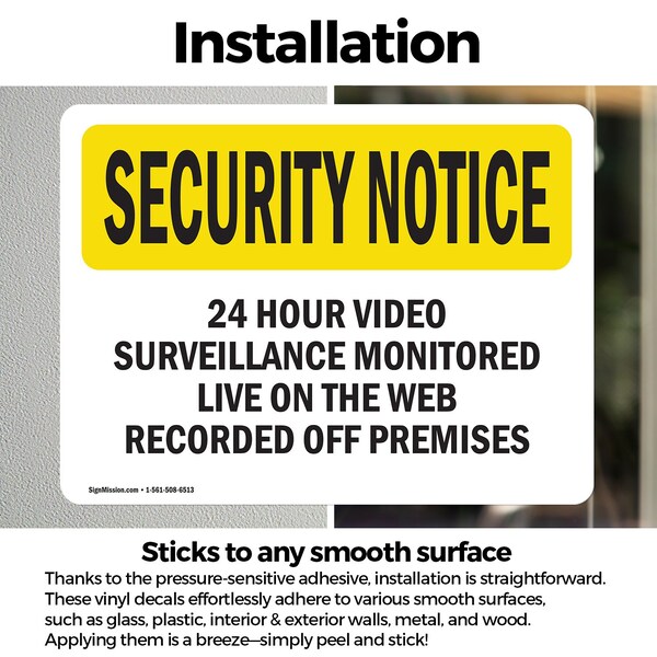Signmission 24 Hour Video Surveillance OSHA Security Notice Sign, Vinyl Decal, 18in W x 12in L, 2PK - OS-2PACK-SN-D-1218-L-11499