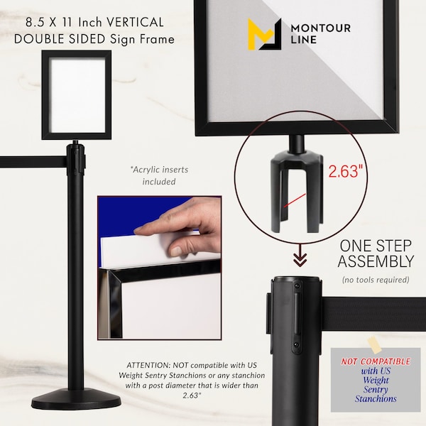 Montour Line Stanchion Post Top Sign Frame 8.5 x 11 in. V Polished Stainless Steel - HDSF-8511-V-PS