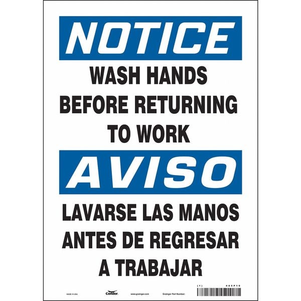 Condor Notice, WASH HANDS BEFORE RETURNING TO WORK, Spanish-Bilingual, 14 in H x 10 in W, Vinyl, 485P19 - 485P19