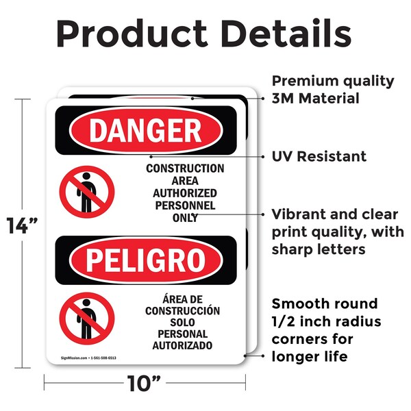 Signmission Construction Area Authorized Only Bilingual Danger Sign, Vinyl Decal, 10in W x 14in L, 2PK - OS-2PACK-DS-D-1014-VS-1095