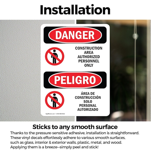 Signmission Construction Area Authorized Only Bilingual Danger Sign, Vinyl Decal, 10in W x 14in L, 2PK - OS-2PACK-DS-D-1014-VS-1095