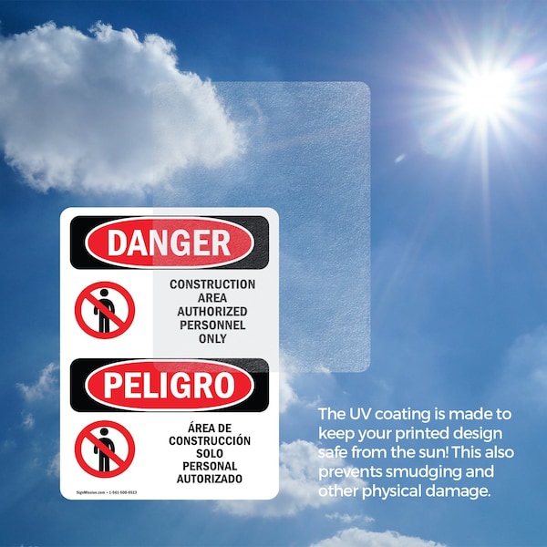 Signmission Construction Area Authorized Only Bilingual Danger Sign, Vinyl Decal, 10in W x 14in L, 2PK - OS-2PACK-DS-D-1014-VS-1095