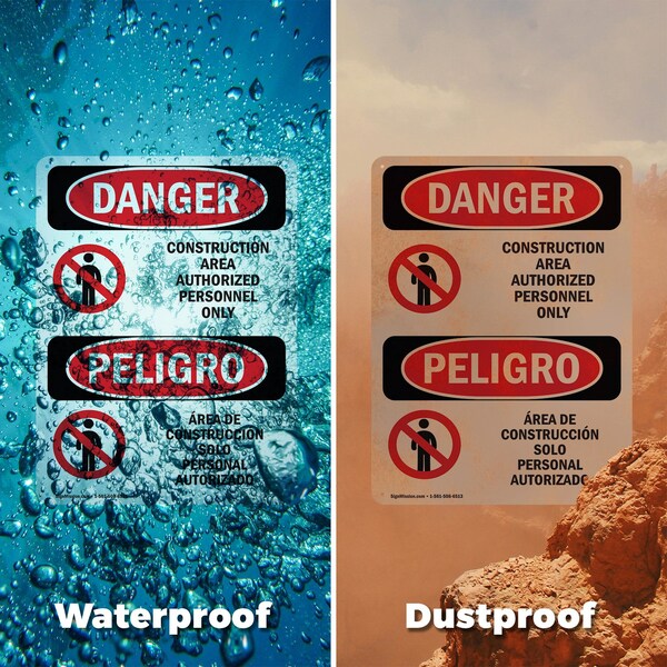 Signmission Construction Area Authorized Only Bilingual Danger Sign, Vinyl Decal, 10in W x 14in L, 2PK - OS-2PACK-DS-D-1014-VS-1095