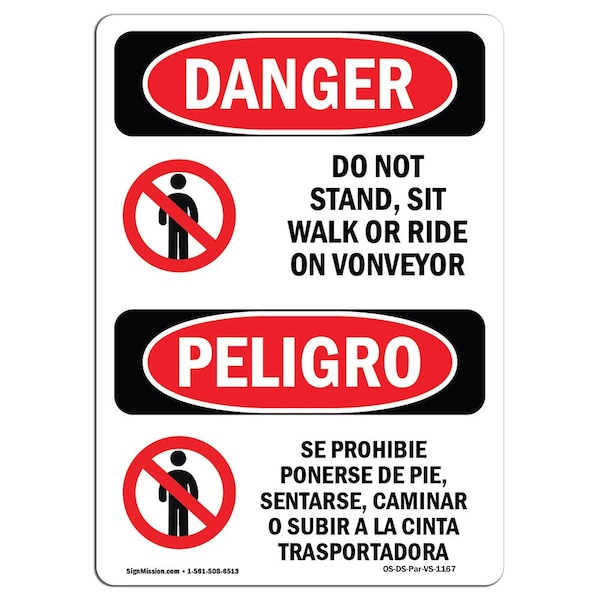 Signmission OSHA Sign, Do Not Stand Sit Walk Conveyor Bilingual, 24in X 18in Decal, 18" W, 24" H, Spanish - OS-DS-D-1824-VS-1167