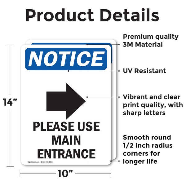Signmission Please Use Main Entrance Sign, Vinyl Decal, 10in W x 14in L, 2PK - OS-2PACK-NS-D-1014-V-17620
