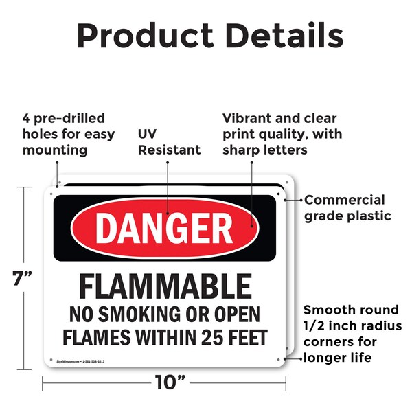 Signmission Flammable No Smoking Or Open Flames Within 25 Feet Danger Sign, Plastic, 10in W x 7in L, 2PK - OS-2PACK-DS-P-710-L-2366