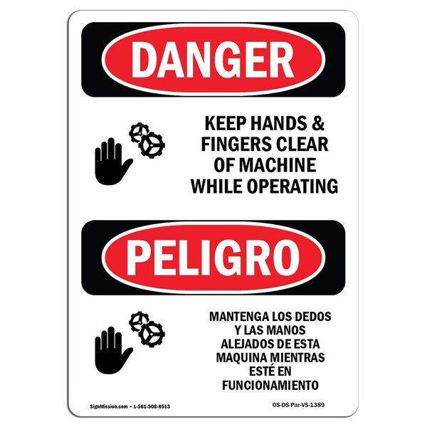 Signmission OSHA, Keep Hands Fingers Clear Operating Bilingual, 5in X 3.5in, 10PK, 3.5" W, 5" L, Spanish, PK10 - OS-DS-D-35-VS-1389-10PK