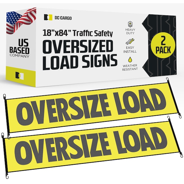 Dc Cargo Oversize Load sign with Black Border and Bungee, 2PK - SOLSYM-2