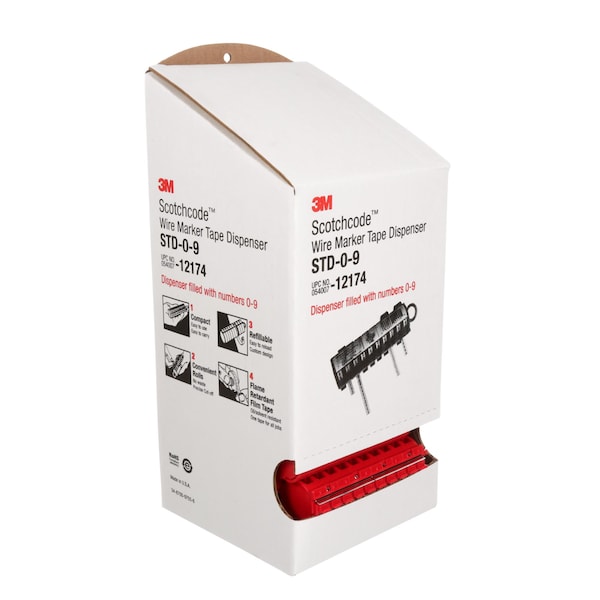 3M Wire Marker Dispenser w/Tape, Preprinted, Legend 0 to 9, Polyester Film, 5,760 Labels, Max Temp 250F - STD-0-9