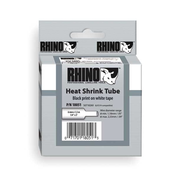 Dymo Rhino Continuous Label Roll Cartridge, Single Side, Polyolefin, 1/4 in x 5 ft, Black on White, Gloss - 18051