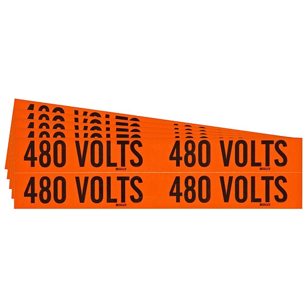 Brady Conduit and Voltage Sign and Labels, 480 Volts, 4-1/8 in x 1-1/8 in, Self-Stick Vinyl, PK5 - 152371