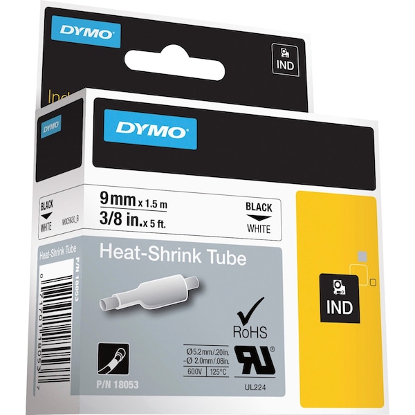 Dymo Rhino Continuous Label Roll Cartridge, Single Side, Polyolefin, 3/8 in x 5 ft, Black on White, Gloss - 18053