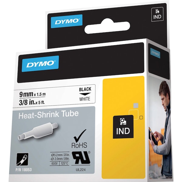 Dymo Rhino Continuous Label Roll Cartridge, Single Side, Polyolefin, 3/8 in x 5 ft, Black on White, Gloss - 18053
