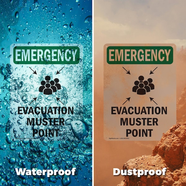 Signmission Evacuation Muster Point With Symbol, 12 in W x Rectangle, Aluminum - OS-2PACK-EM-A-1218-V-10472