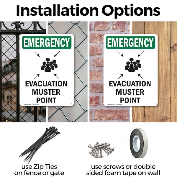 Signmission Evacuation Muster Point With Symbol, 12 in W x Rectangle, Aluminum - OS-2PACK-EM-A-1218-V-10472