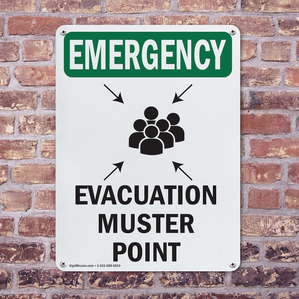 Signmission Evacuation Muster Point With Symbol, 12 in W x Rectangle, Aluminum - OS-2PACK-EM-A-1218-V-10472