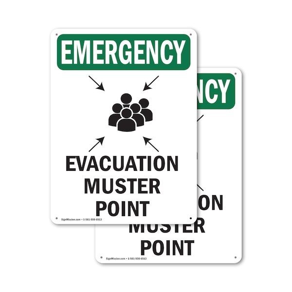 Signmission Evacuation Muster Point With Symbol, 12 in W x Rectangle, Aluminum - OS-2PACK-EM-A-1218-V-10472