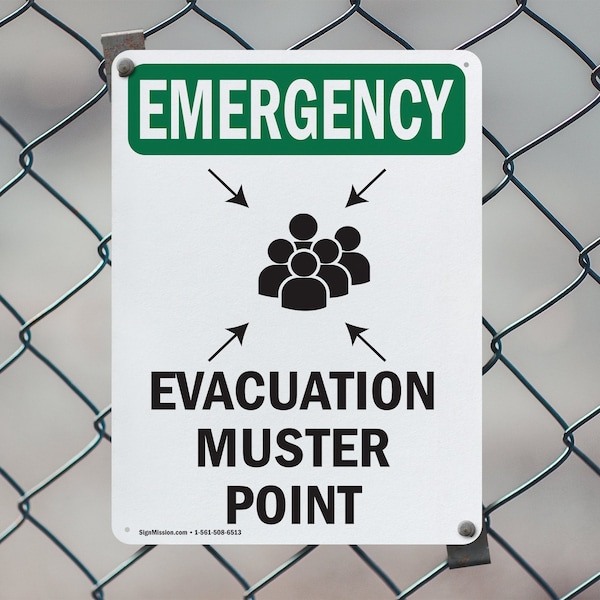 Signmission Evacuation Muster Point With Symbol, 12 in W x Rectangle, Aluminum - OS-2PACK-EM-A-1218-V-10472