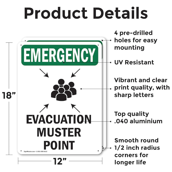 Signmission Evacuation Muster Point With Symbol, 12 in W x Rectangle, Aluminum - OS-2PACK-EM-A-1218-V-10472
