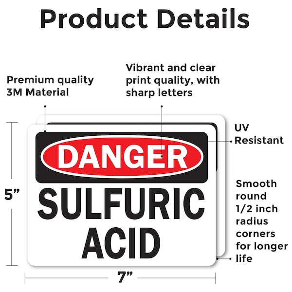 Signmission Sulfuric Acid Danger Sign, Vinyl Decal, 7in W x 5in L, 2PK - OS-2PACK-DS-D-57-L-19474
