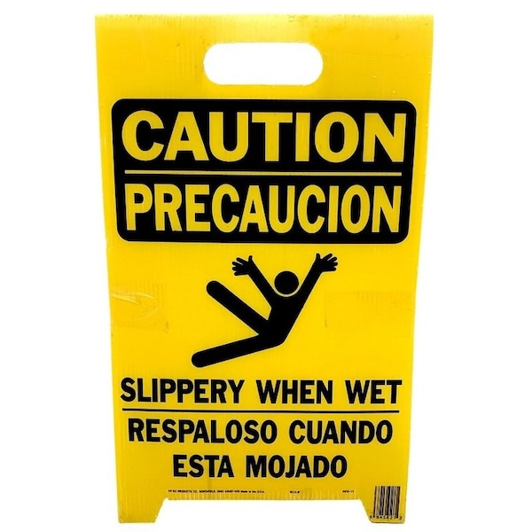 Hy-Ko Caution Wet Floor Sign, 12-1/4 in W, Yellow Background, CAUTION SLIPPERY WHEN WET, English and Spanish - PFS-11
