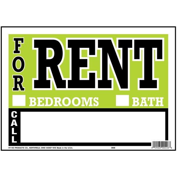 Hy-Ko For Rent Sign 8.5" x 12.5", 10PK, A00226 - A00226