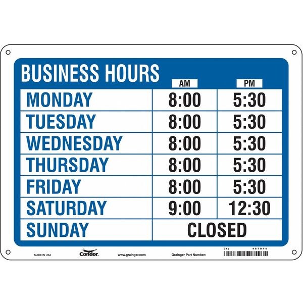 Condor Admittance Sign, Vinyl, 14 in W, 10 in H, BUSINESS HOURS, Blue, White - 487D40