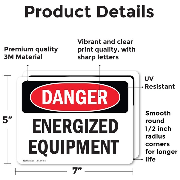 Signmission Energized Equipment Danger Sign, Vinyl Decal, 7in W x 5in L, 2PK - OS-2PACK-DS-D-57-L-2283