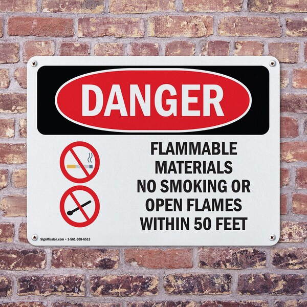 Signmission Flammable Materials No Smoking 50 Feet Danger Sign, Aluminum, 14in W x 10in L, 2PK - OS-2PACK-DS-A-1014-L-1254