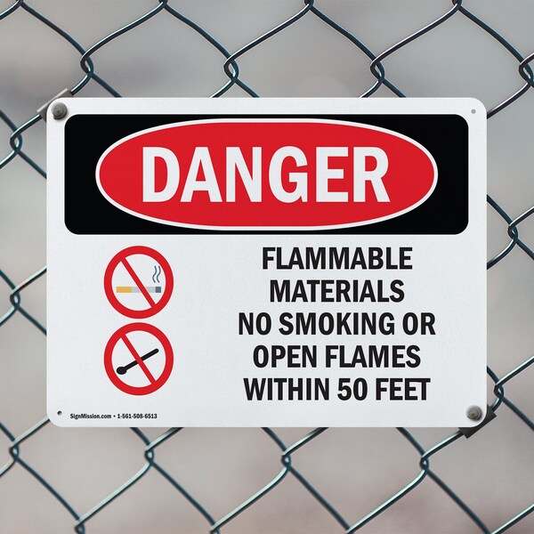 Signmission Flammable Materials No Smoking 50 Feet Danger Sign, Aluminum, 14in W x 10in L, 2PK - OS-2PACK-DS-A-1014-L-1254