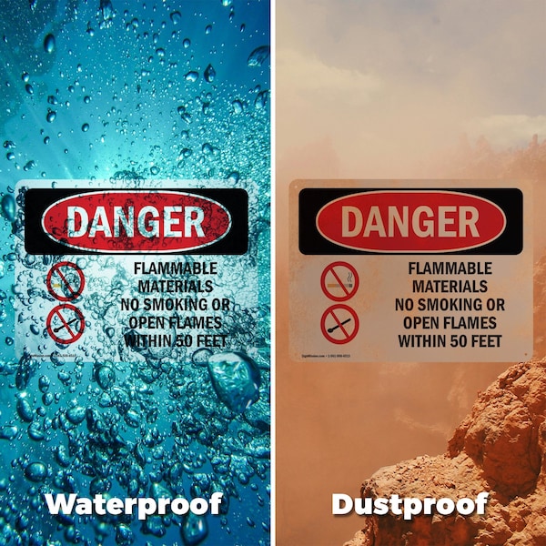 Signmission Flammable Materials No Smoking 50 Feet Danger Sign, Aluminum, 14in W x 10in L, 2PK - OS-2PACK-DS-A-1014-L-1254