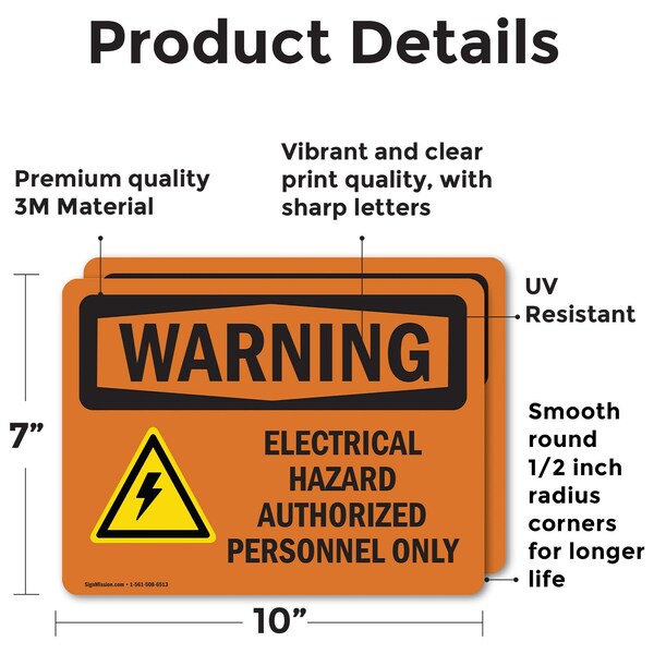 Signmission Electrical Hazard Authorized With Symbol OSHA Warning Sign, Vinyl Decal, 10in W x 7in L, 2PK - OS-2PACK-WS-D-710-L-12584