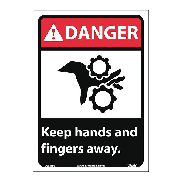 Nmc Danger Keep Hands And Fingers Away Sign, 14 in Height, Vinyl, Rectangle, English - DGA46PB