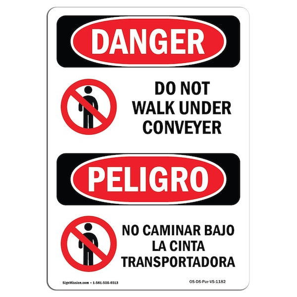 Signmission OSHA Sign, Do Not Walk Under Conveyor Bilingual, 5in X 3.5in Decal, 3.5" W, 5" H, Spanish - OS-DS-D-35-VS-1182