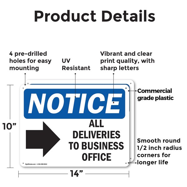 Signmission All Deliveries To Business Office, 14 in W x Rectangle, Plastic - OS-2PACK-NS-P-1014-L-10095