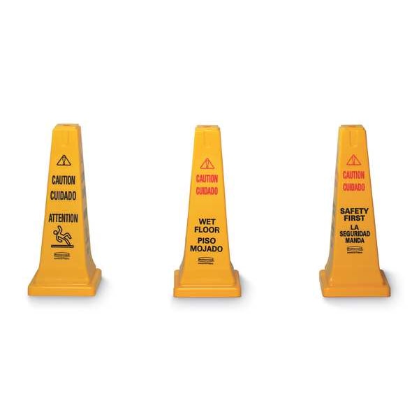 Rubbermaid Commercial Safety Cone, 36 in Height, 12 1/4 in Width, HDPE, Cone, English, French, Spanish - FG627677YEL