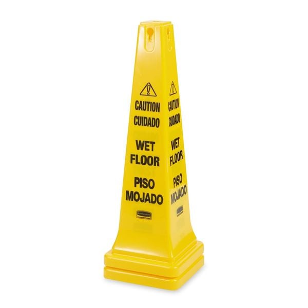 Rubbermaid Commercial Safety Cone, 36 in Height, 12 1/4 in Width, HDPE, Cone, English, French, Spanish - FG627677YEL