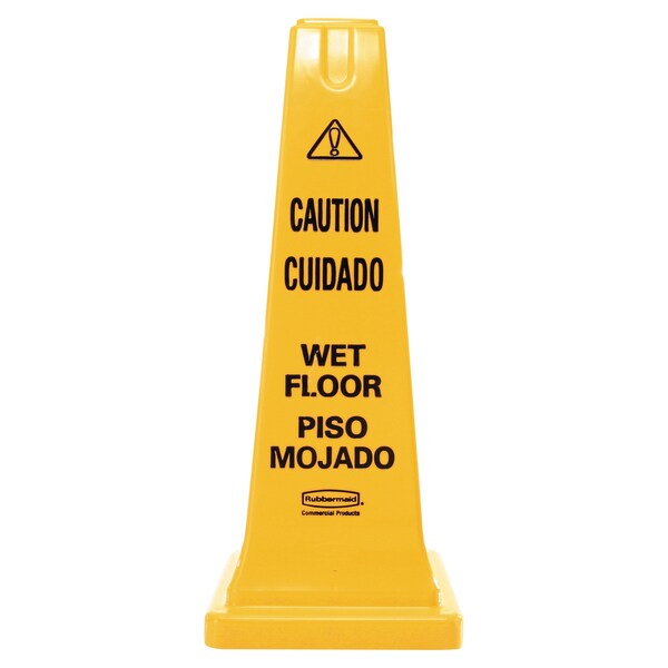 Rubbermaid Commercial 4-Side Caution, Wet Floor Safety Cone, 10.5w x 10.5d x 25 5/8h, Yellow - FG627777YEL