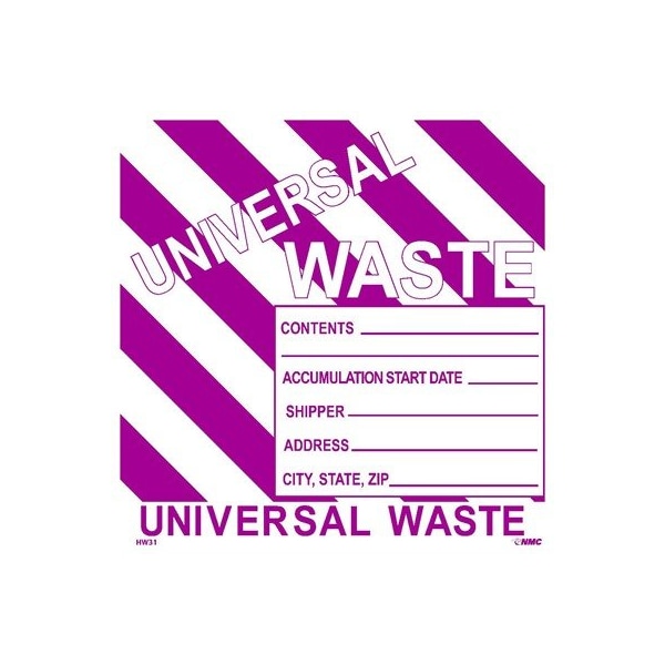 Nmc Universal Waste.  On Stripes, 6 in Height, 6 in Width, Pressure Sensitive Vinyl - HW31AP