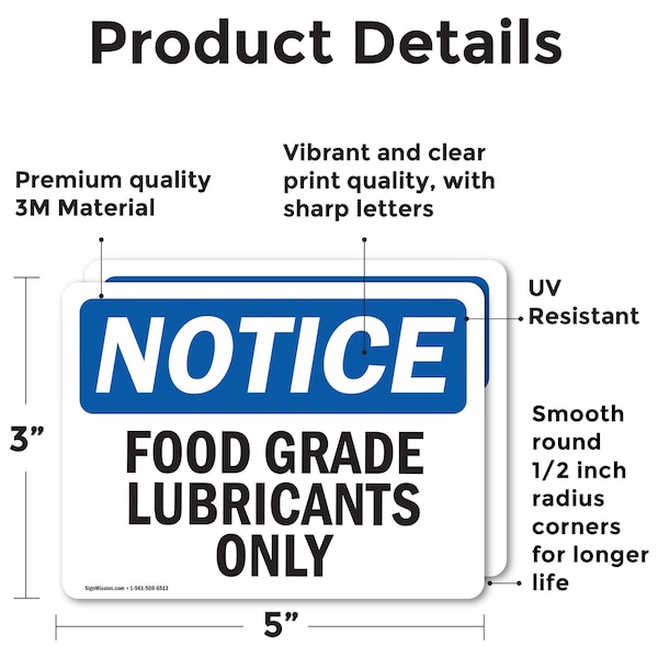 Signmission Food Grade Lubricants Only, 5 in W x Rectangle, Vinyl Decal - OS-2PACK-NS-D-35-L-12820