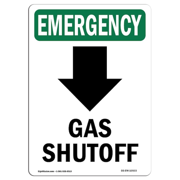 Signmission Safety Sign, OSHA EMERGENCY, 18" Height, Rigid Plastic, Gas Shutoff (Down Arrow), Portrait - OS-EM-P-1218-V-10503