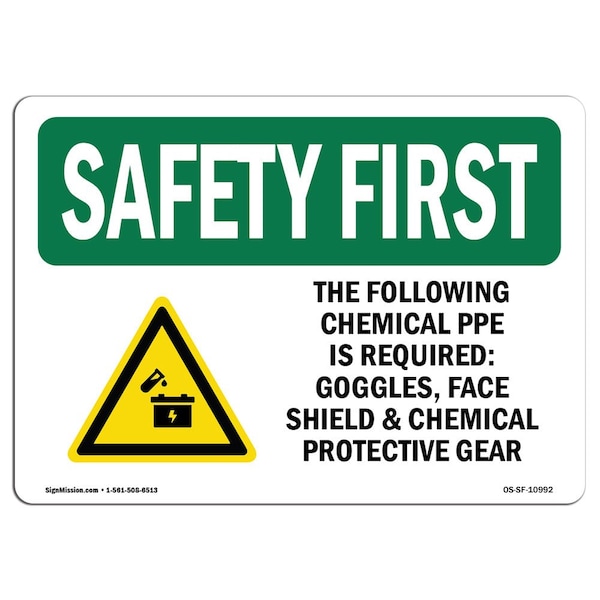 Signmission OSHA Sign, Following Chemical PPE Required-W/ Symbol, 10in X 7in Aluminum, 10" W, 7" H, Landscape - OS-SF-A-710-L-10992