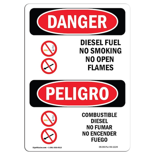 Signmission OSHA Sign, Diesel Fuel No Smoking Bilingual, 10in X 7in Aluminum, 7" W, 10" L, Bilingual Spanish - OS-DS-A-710-VS-1124