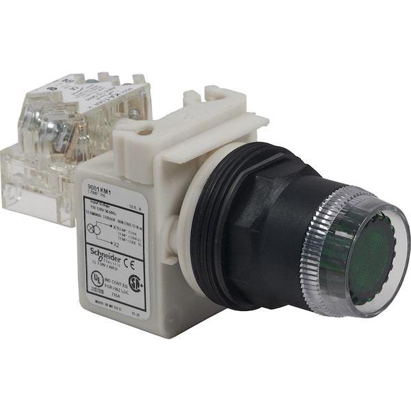 Cabeza de botón de empuje iluminado Square D, Harmony 9001SK, de plástico, protector de plástico a ras, color ámbar, 30mm, retorno por resorte, 110-120V - 9001SK1L1A