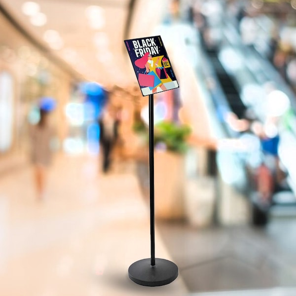 Azar Displays Black Pedestal Sign Holder for Floor Swivel Frame for Portrait/Landscape on Straight Pole Stand - 300356-BLK