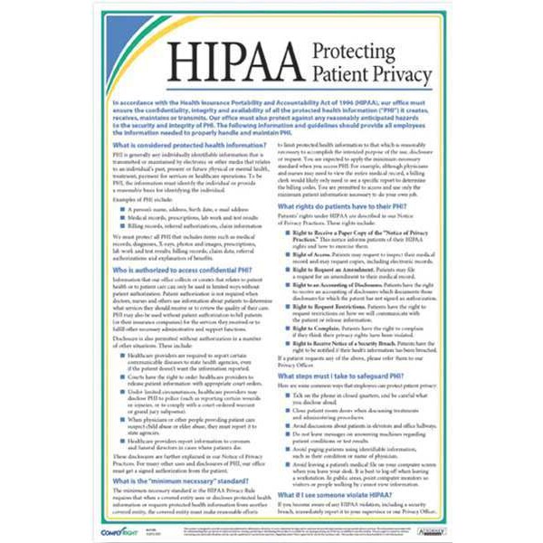 Complyright Patient Privacy Poster, 12 in H x, 18 in W, Plastic - A2126