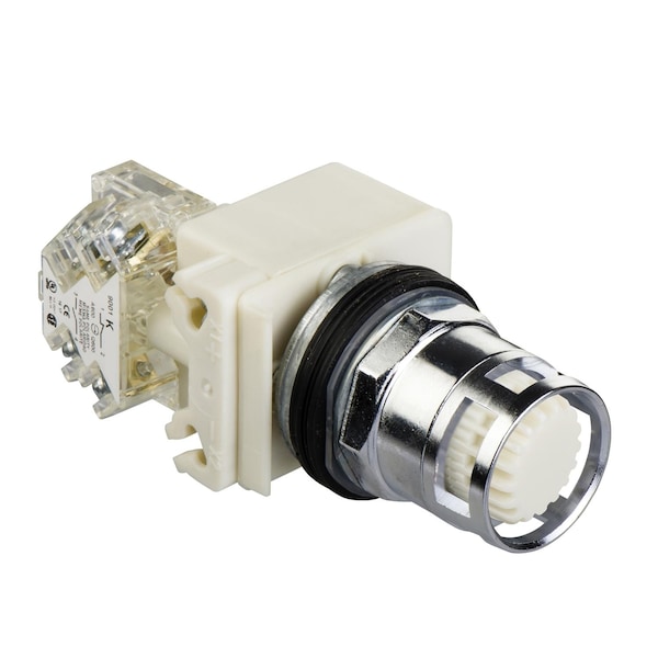 Botón de presión iluminado Square D, Harmony 9001K, metal, protección metálica ras, blanco, 30mm, retorno por resorte, 24-28V, 1 NO - 9001K3L35WH5