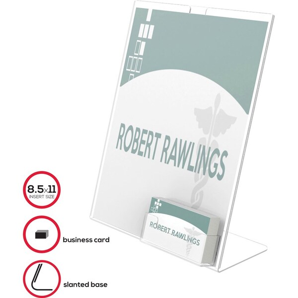 Deflecto Slanted Sign Holder, Business Card Pocket, 8-1/2"x11", Clear - DEF590601