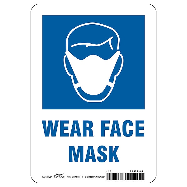 Condor Wear Face Mask Sign, 7" W x 10" H, English, Plastic, White - HWB412A1007
