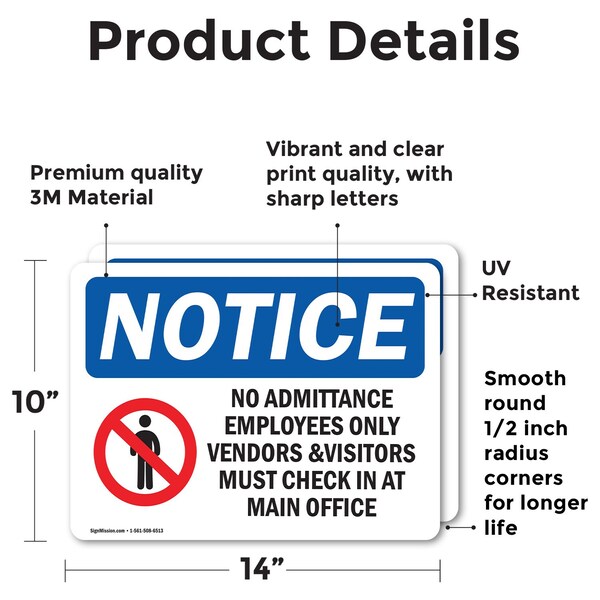 Signmission No Admittance Employees Only OSHA Notice Sign, Vinyl Decal, 14in W x 10in L, 2PK - OS-2PACK-NS-D-1014-L-15983